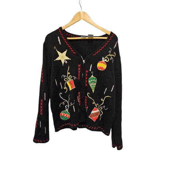 HOLIDAY EDITION Cardigan Full Zip Christmas Sweater Black Ornaments LARGE - Picture 4 of 5